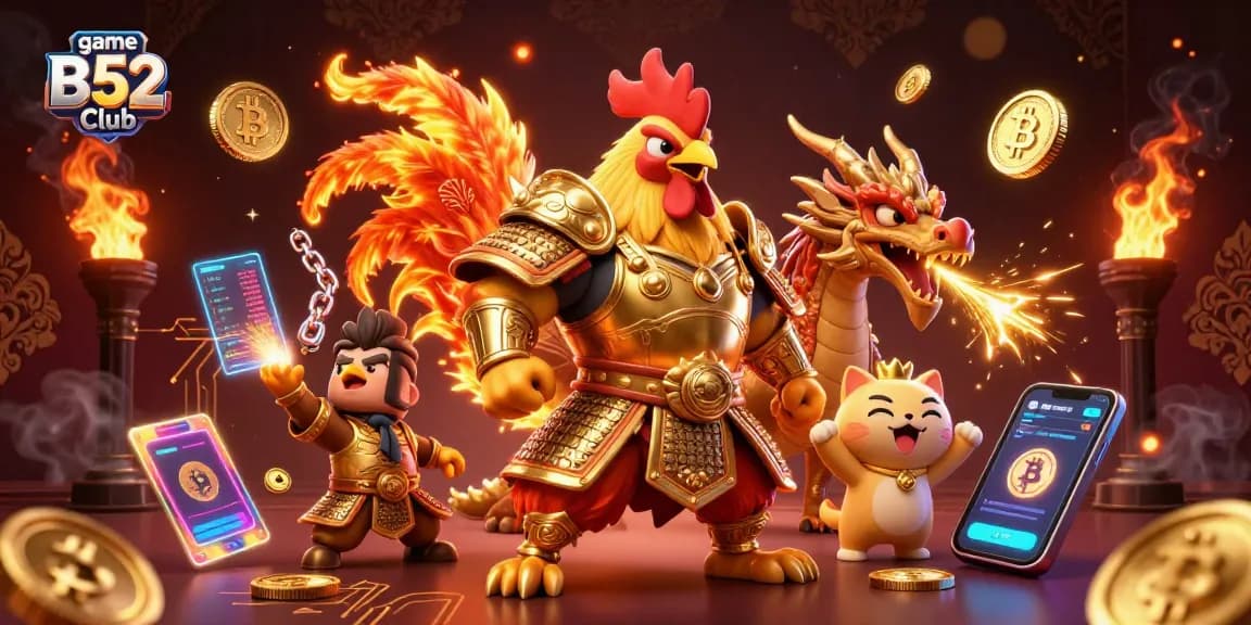 Engage with thrilling gameplay at game B52 Club featuring an epic rooster warrior and dragon in vibrant 3D.