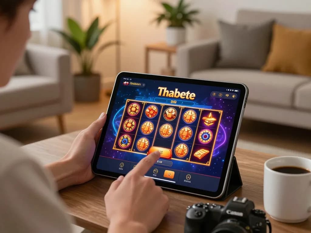 Player engaging with the Thabete casino app on tablet, emphasizing strategic online gaming experience.