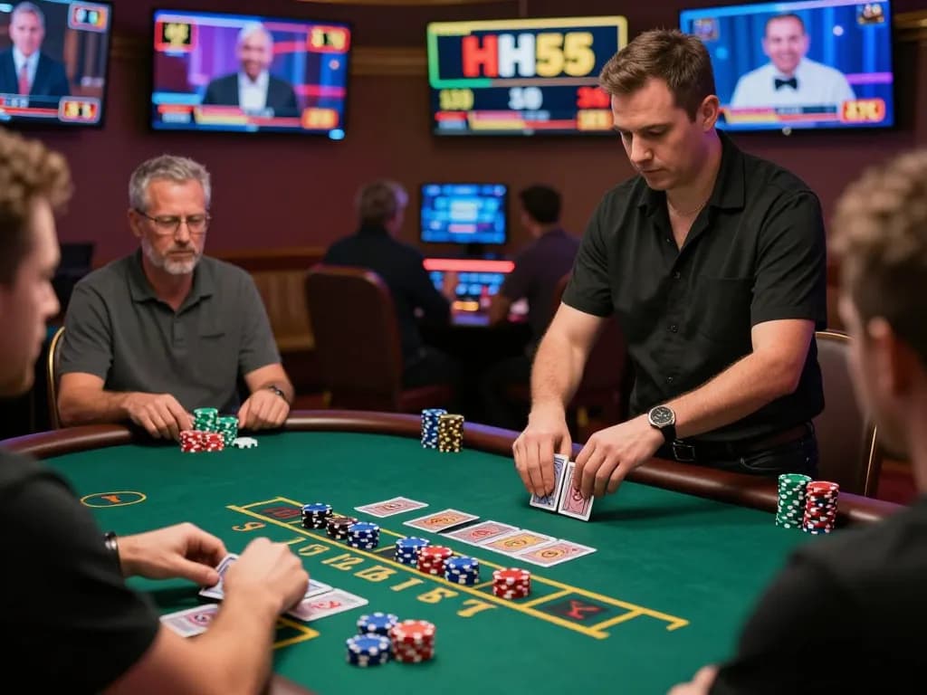Jogadores da HH55 participando de um jogo de blackjack com dealer ao vivo, demonstrando jogabilidade estratégica em um vibrante cassino online.