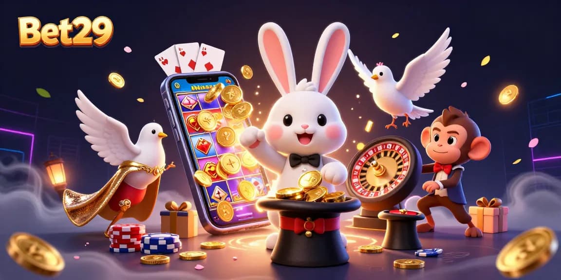 Bet29 brings excitement as a magician rabbit reveals golden coins, amidst vibrant casino elements.