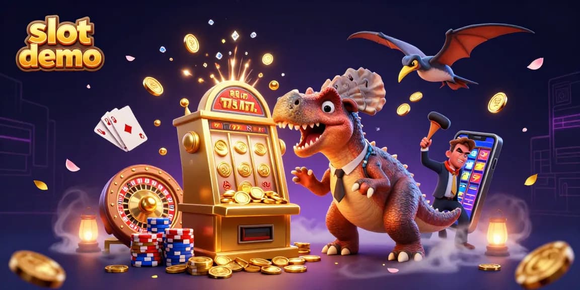 Slot demo menampilkan dinosaur pachycephalosaurus memukul mesin slot emas untuk jackpot.