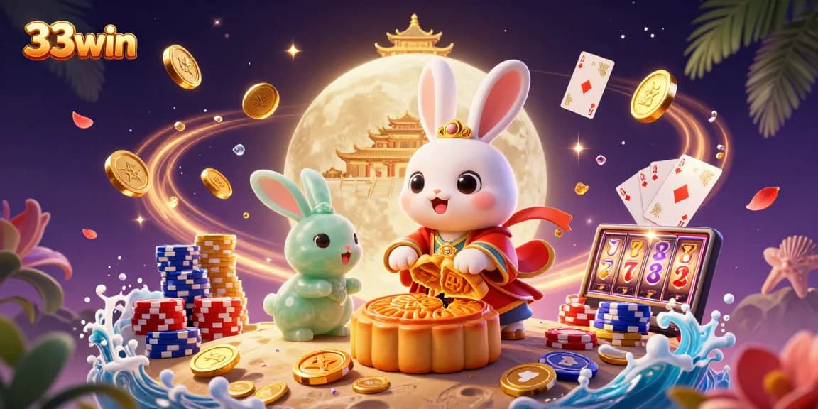 Experience the thrill of 33win with a moon rabbit pounding mooncakes revealing casino treasures.