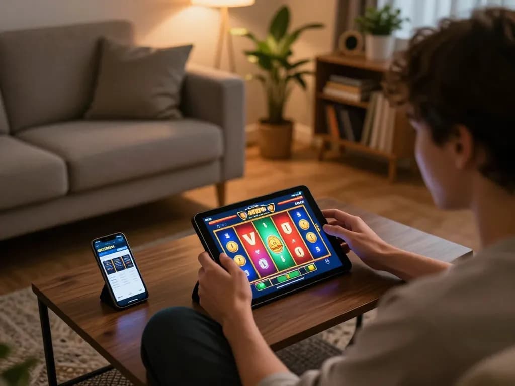 Pessoa desfrutando de uma rotação vencedora na interface do tablet da 887bet em um ambiente confortável em casa