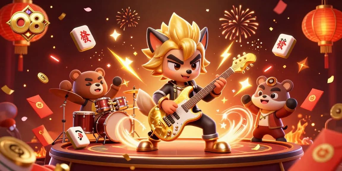O8 delivers vibrant energy with cartoon wolf and bear on a casino stage, showcasing exciting gaming elements.