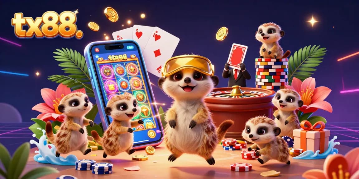 Watch tx88’s meerkats masterfully manage casino chips and dynamic slot games in this vibrant 3D illustration.