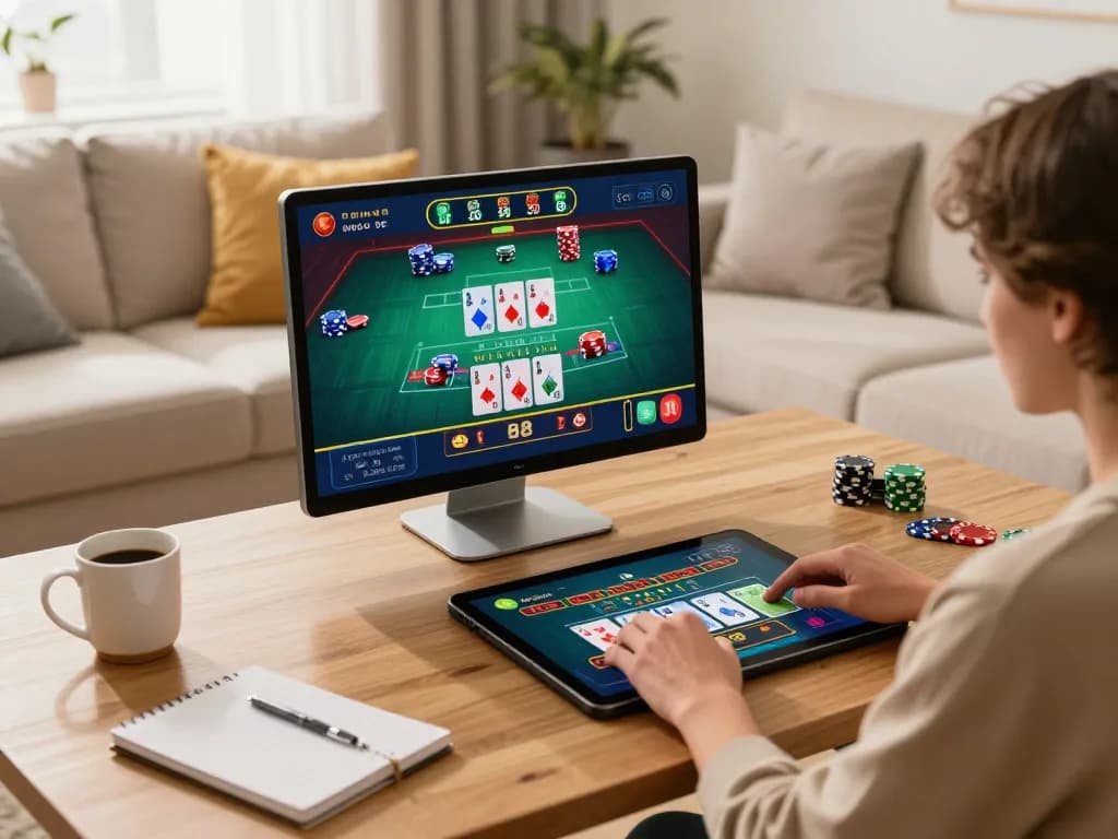 Player enjoying Jun88 phiên bản 2 online, engaging in live dealer baccarat on a tablet in a cozy home setting
