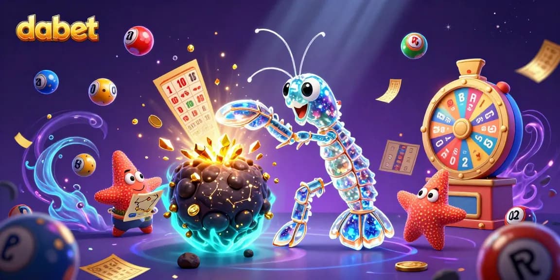 Dabet offers thrilling lottery experiences with a mantis shrimp hero amid gems and vibrant games.
