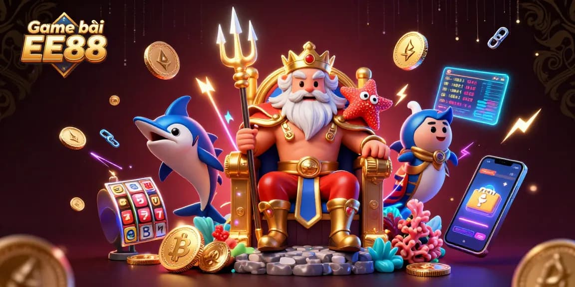 Engage with Game bài EE88 featuring Neptune in a dynamic, rich casino-themed illustration.