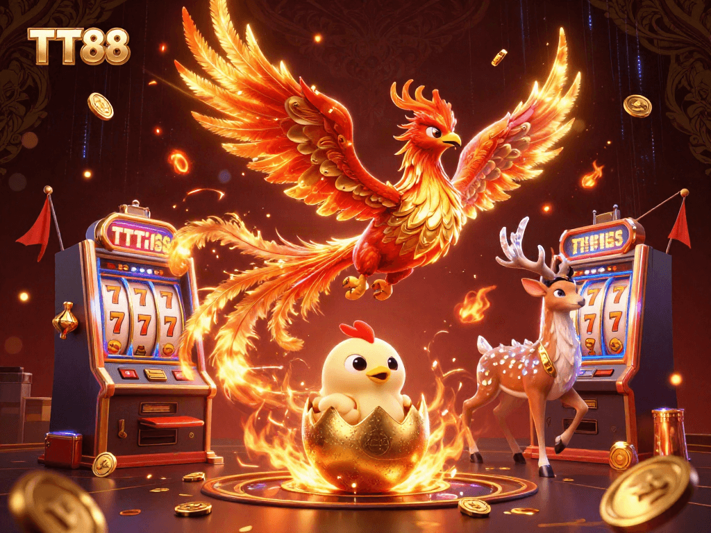 Experience thrilling adventures at TT88 with a vibrant 3D fire phoenix and immersive gaming elements.
