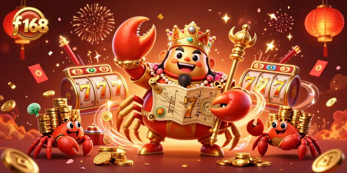 Spin the reels with f 168's vibrant crab emperor under a shower of golden coins and confetti.
