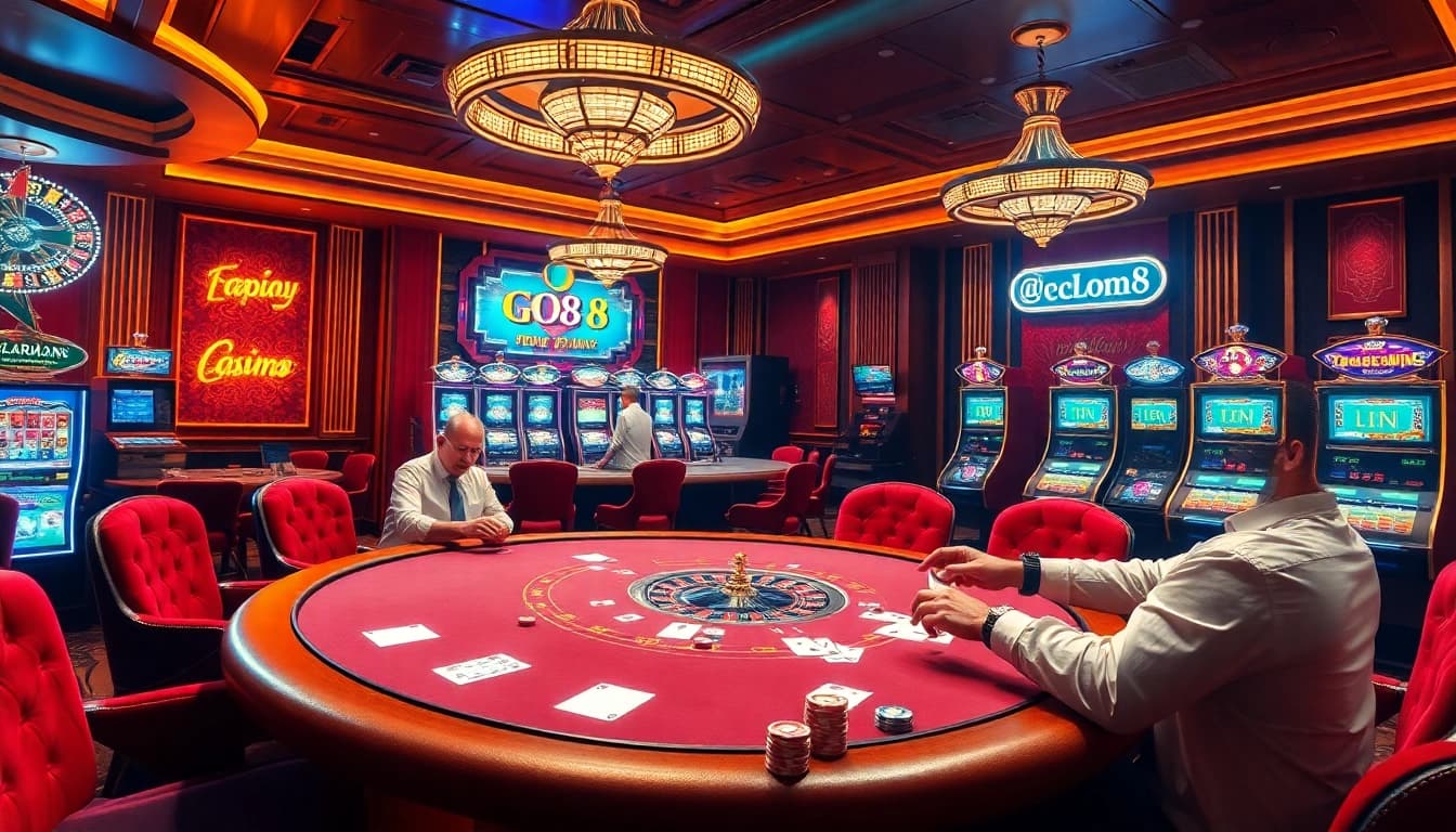 Players enjoy a thrilling poker game in a lavish casino scene showcasing go8 betting slips and vibrant visuals.