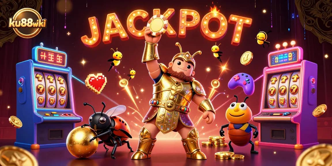 Experience the thrill of winning with ku88wiki in this vibrant casino scene featuring a victorious beetle, jackpot lights, and dynamic game elements.