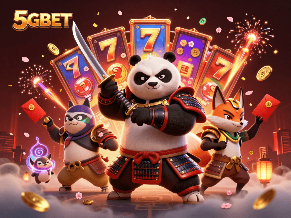 5GBET slots come alive in a vibrant scene with a samurai panda, ninja fox, and magical tanuki.