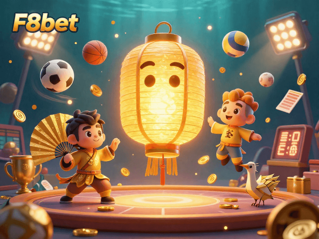 Experience the vibrant F8bet casino world with dynamic characters, sports elements, and shimmering gold coins.