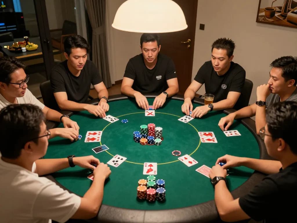 Engaged players showcasing strategy in a home poker game, highlighting game bài đổi thưởng uy tín.
