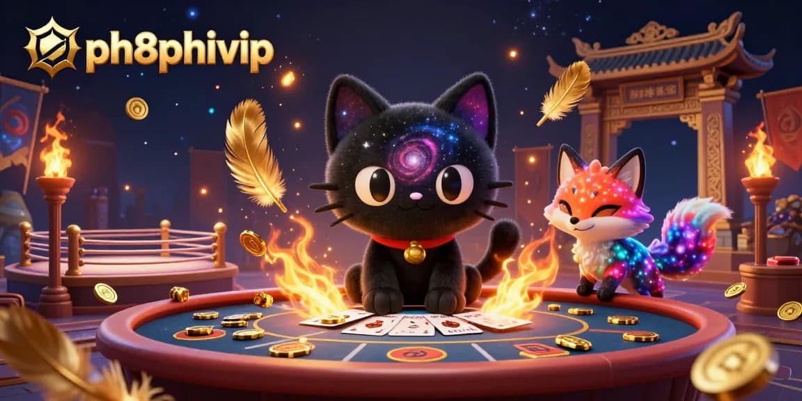 Engage in mesmerizing cosmic gameplay with ph8phivip as the black hole cat spins golden chips and cards at the casino table.