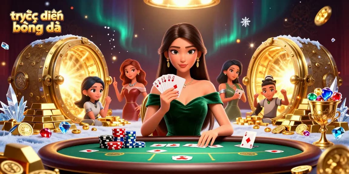 Experience trực tiếp bóng đá with an elegant Asian woman at a luxury poker table amidst golden treasure galore.