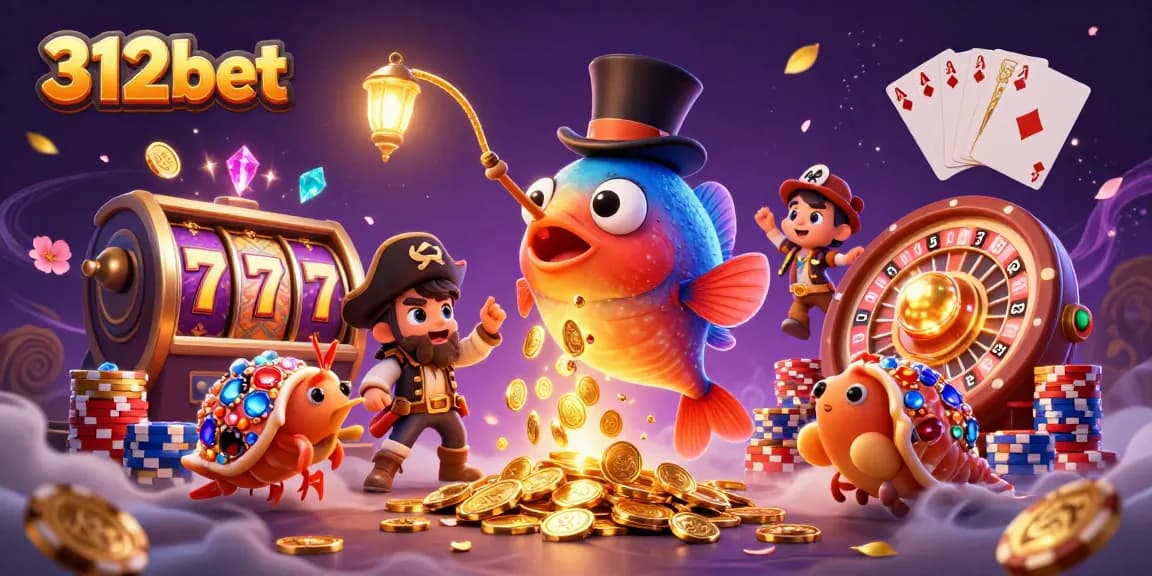 312bet showcases a vibrant underwater casino scene with a glowing anglerfish and pirate shrimp amidst golden coins.