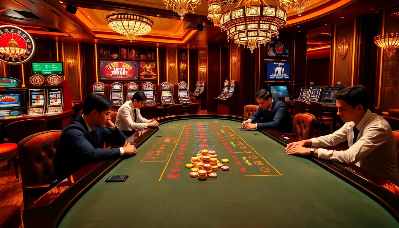 Baccarat players immersed in a high-stakes game at the luxurious vn 88 casino.