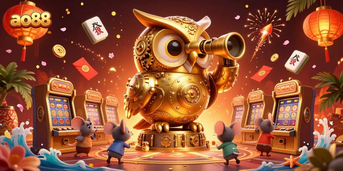 Experience thrills at ao88 with a golden owl overseeing a vibrant casino scene filled with exciting games and symbols