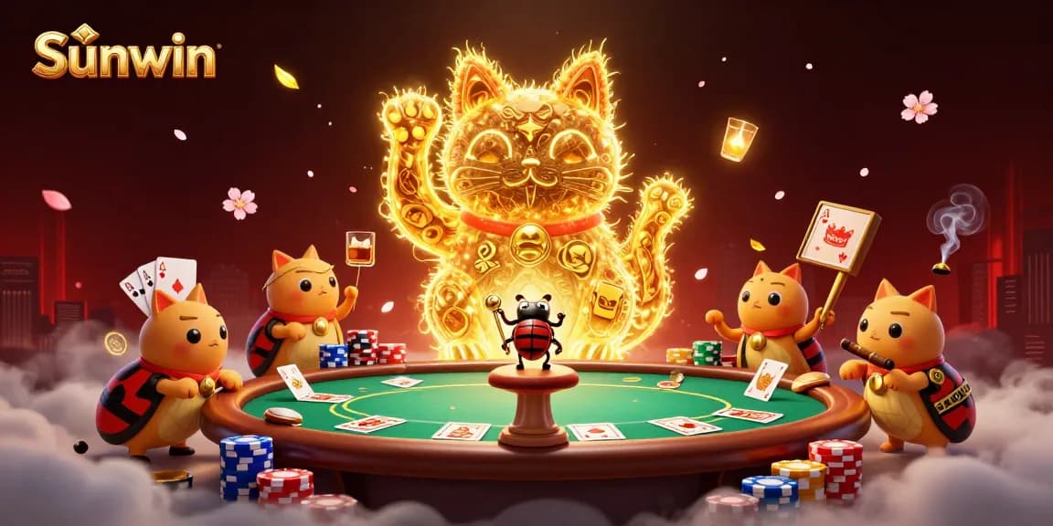 Sunwin offers thrilling casino experiences with a vibrant lucky cat illustration amidst poker symbols.