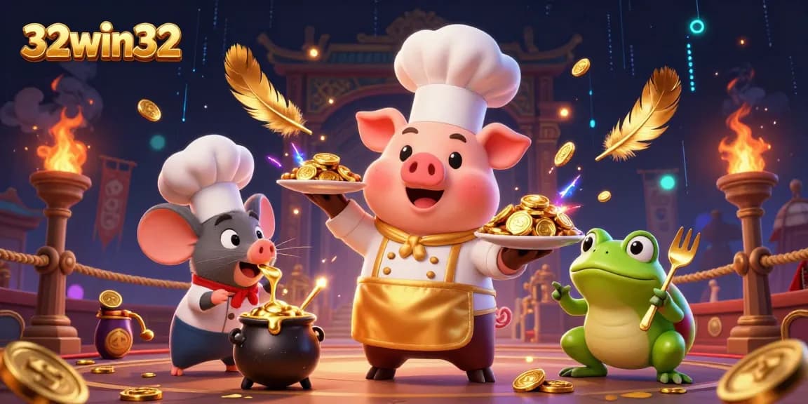 Experience the excitement of 32win32 as a chef pig serves gold coins amidst a vibrant casino scene.