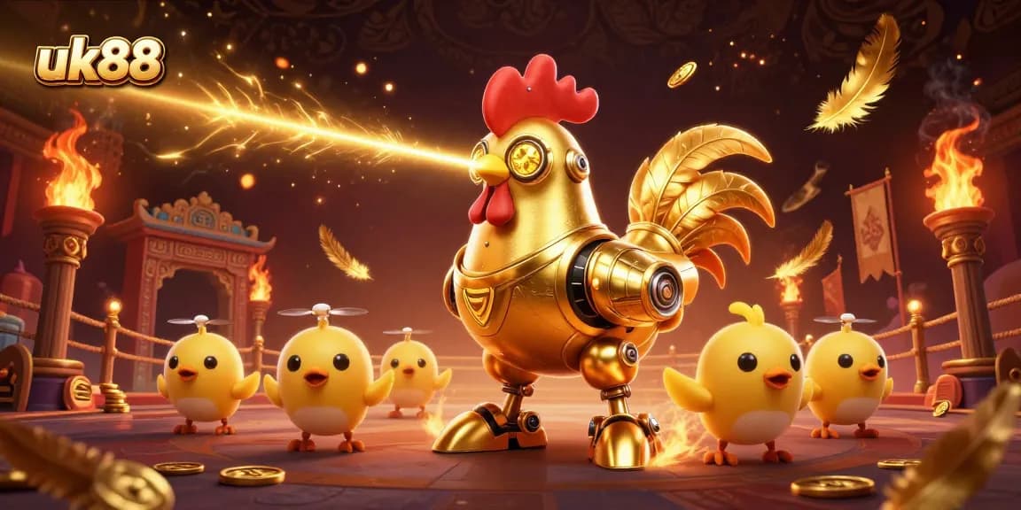 Engage in thrilling battles with uk88's golden rooster robot and baby chick drones, amidst a vibrant betting arena.