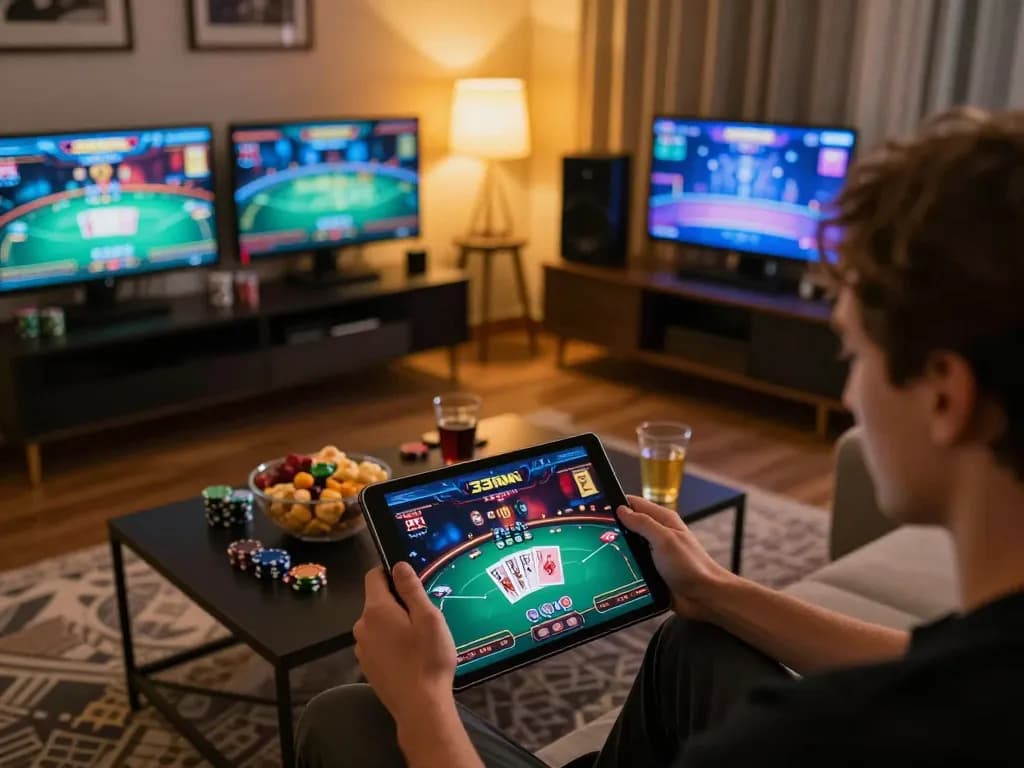 Player engaging with the 33NN interface on a tablet in a comfortable gaming environment