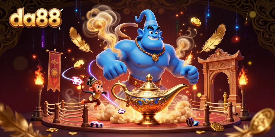 Engage with da88's magical gaming universe featuring a genie, poker chips, and a vibrant casino atmosphere.