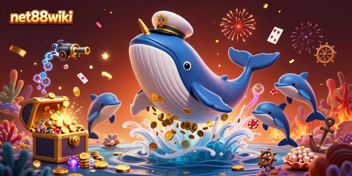 Engage with an exciting illustration of net88wiki, featuring a whale captain breaching through coins and playful dolphins.