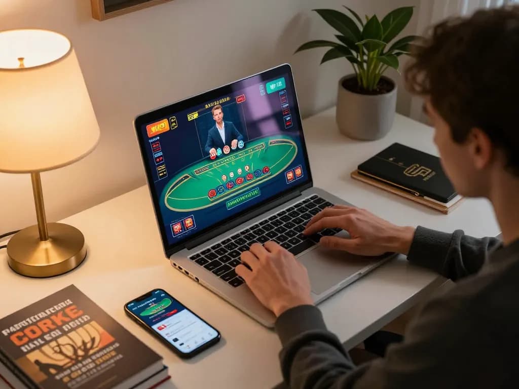 27G player enjoying a live dealer blackjack game on laptop, showcasing home gaming atmosphere