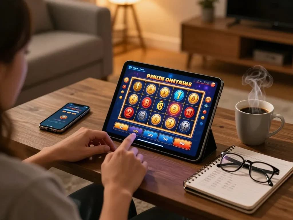 Engaging with the 688v casino app on a tablet in a cozy home setup, showcasing vibrant slot game play.