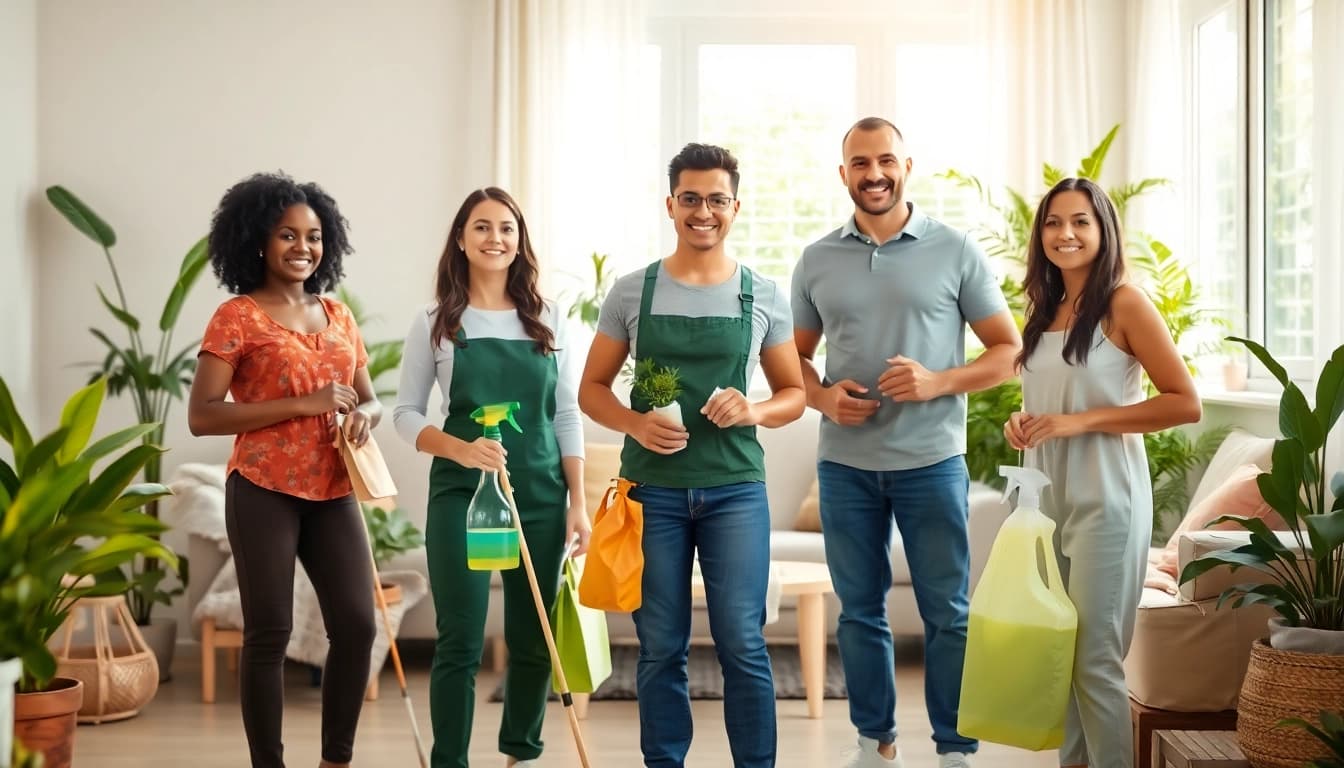 Cleaners implementing eco friendly cleaning services in a bright home, showcasing sustainability.