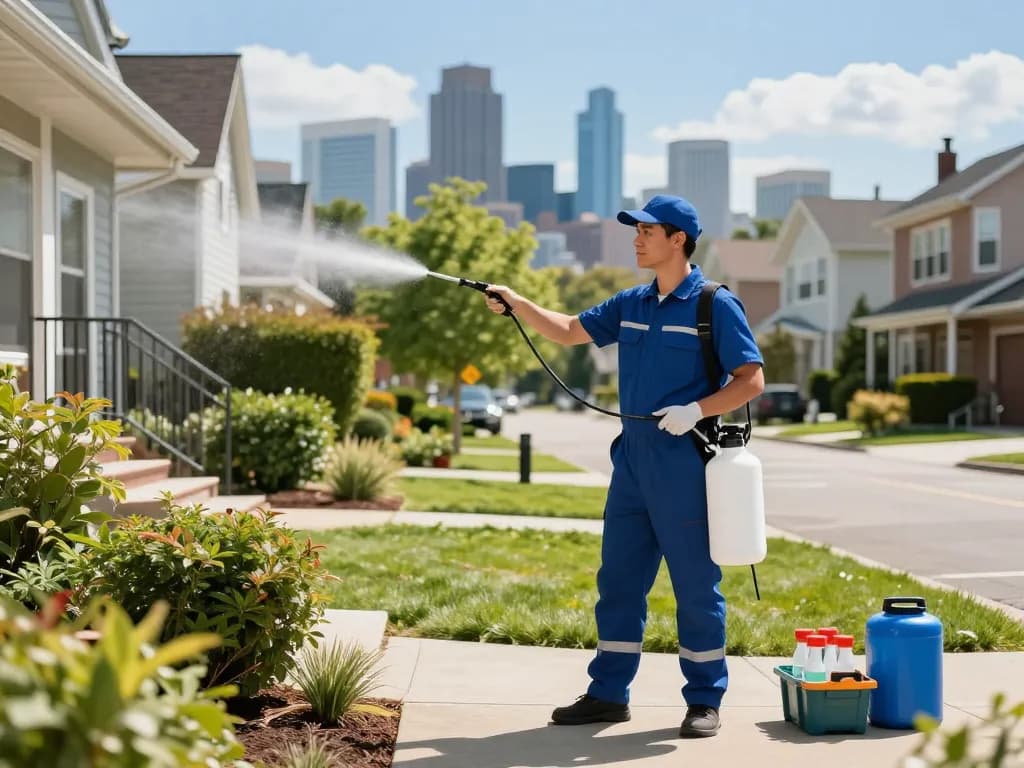 Dedetizadora technician applying pest control solutions in urban garden.