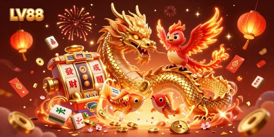 Experience the excitement of LV88's casino gameplay with dynamic dragon and koi fish.