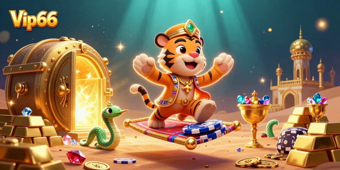 Experience thrilling gameplay at Vip66 with a vibrant Arabian Nights-themed casino scene filled with treasures.