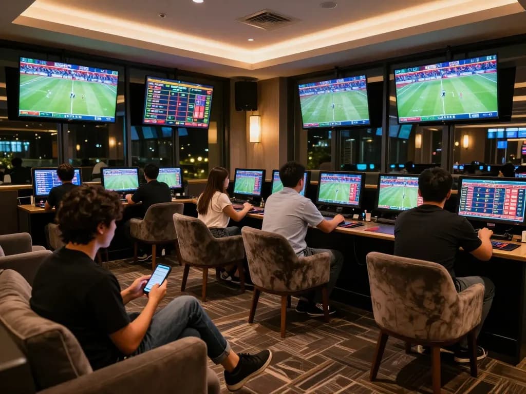 Soi kèo excitement at a sports betting lounge with patrons engaging with live events and placing bets.