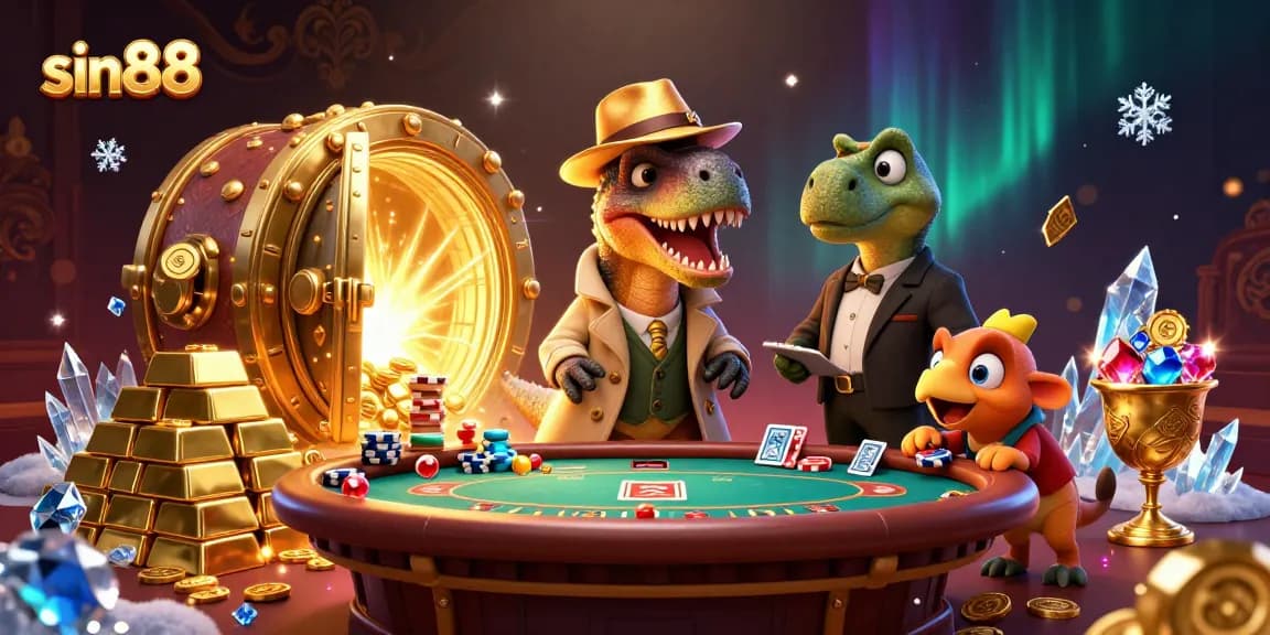 sin88 showcases a velociraptor card counter at a poker table in a dazzling casino scene
