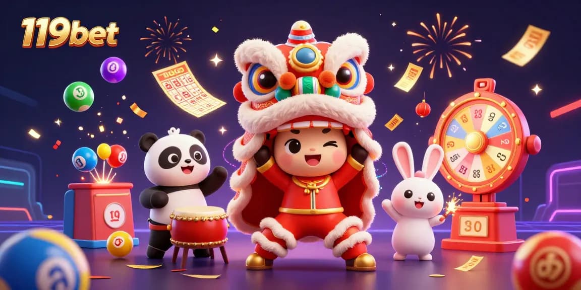Experience dynamic excitement at 119bet with colorful casino elements and lively characters celebrating.