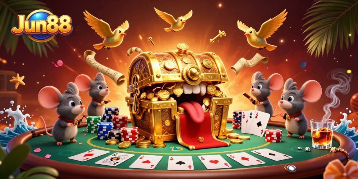 Experience exciting adventures with Jun88's colorful treasure chest and dynamic poker scene.