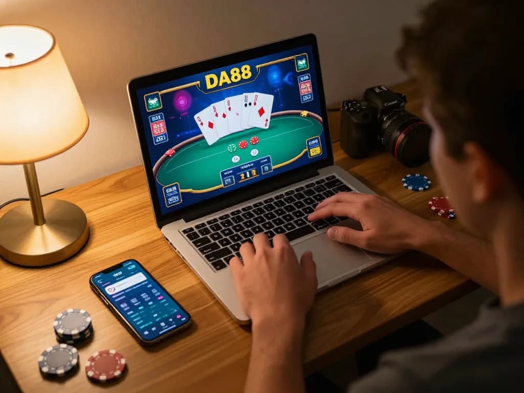 Player engaged in exciting DA88 online poker game from a cozy home setting, showcasing dynamic betting action