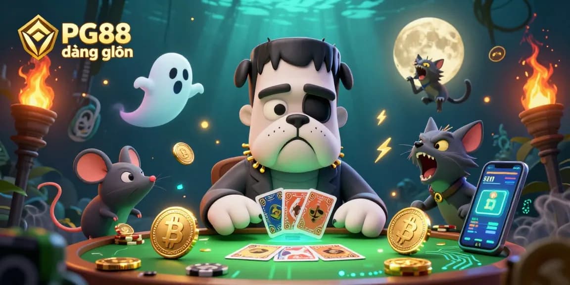 Engage with PG88 đăng nhập at a vibrant casino scene featuring a Frankenstein bulldog dealer, ghost mouse, and werewolf kitten.