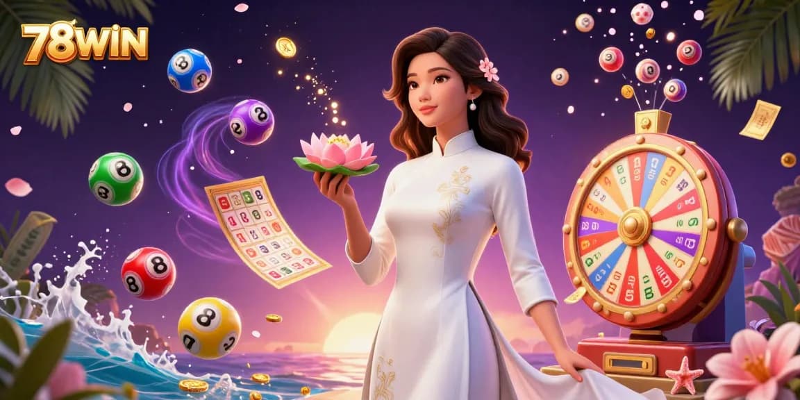 Experience thrilling wins with 78WIN's vibrant lottery scene full of energetic elements and prizes.