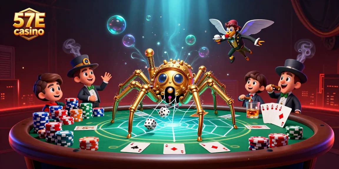 Engaging 57E casino experience illustrated with a steampunk spider and poker elements.