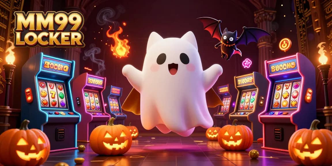 Immerse in the MM99 LOCKER haunted casino with a friendly ghost cat, jackpot reels, and glowing gaming elements.