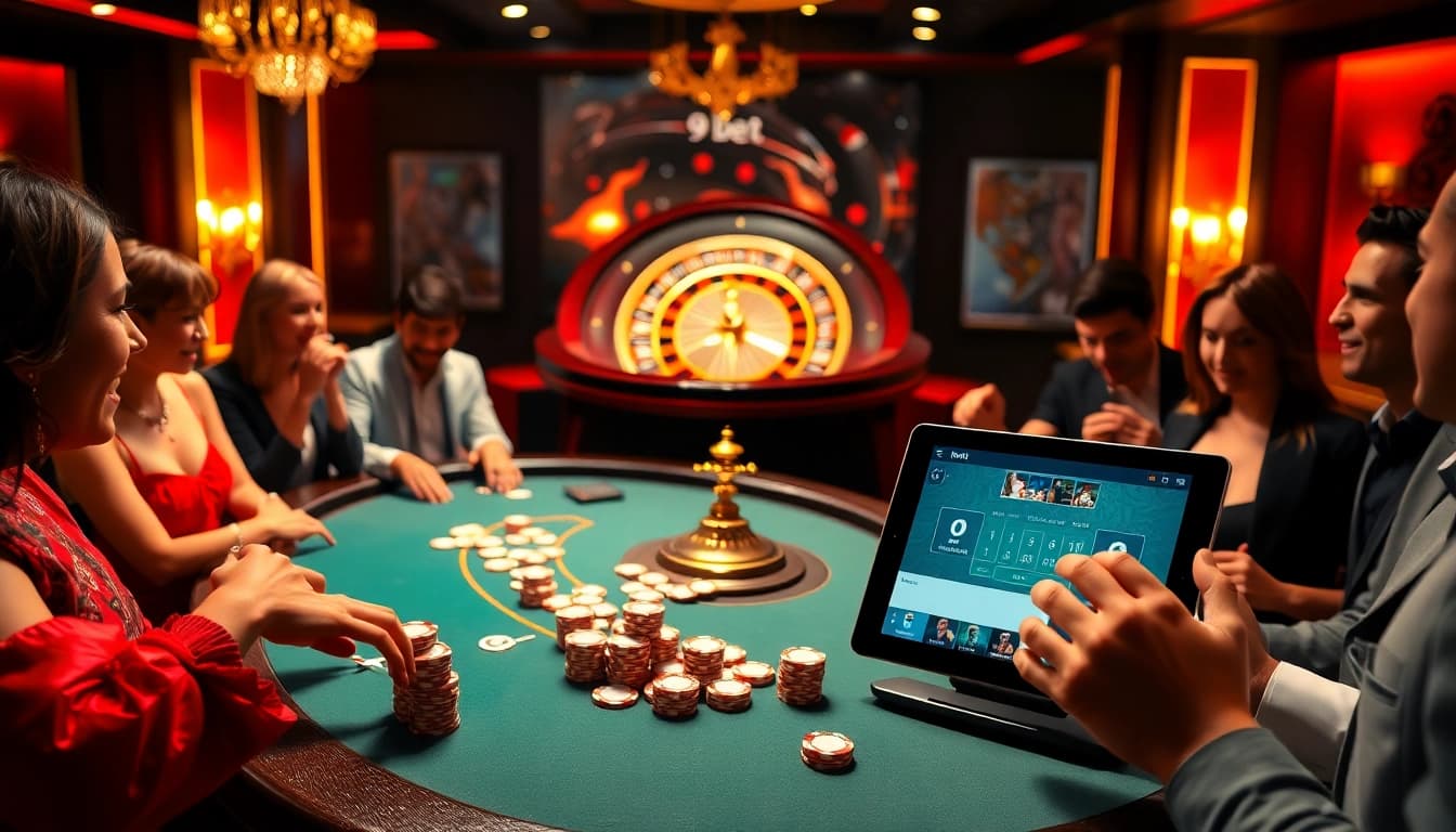 Experience high-stakes gaming at i9 bet's luxurious casino, featuring poker tables and roulette wheels.