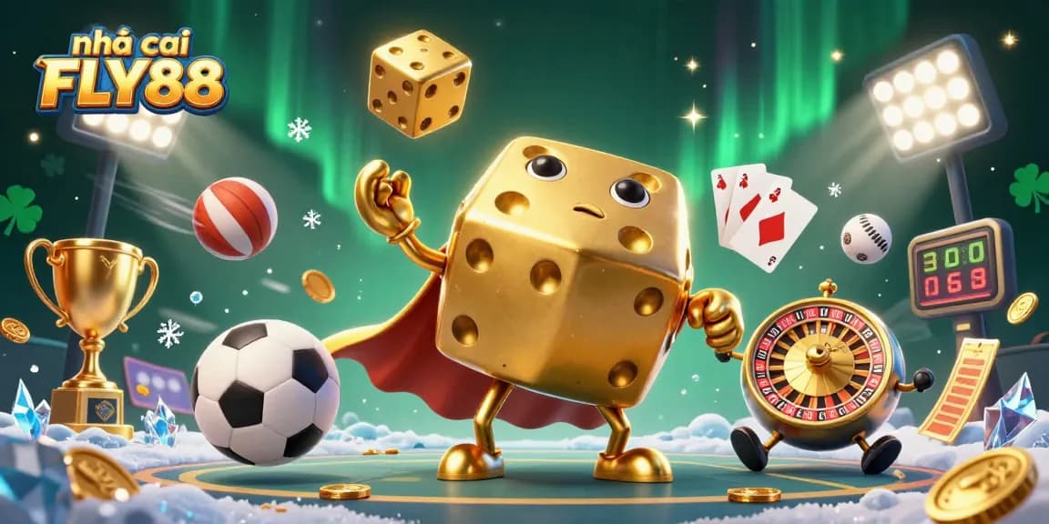 Experience the dynamic world of nhà cái FLY88 with golden dice characters and vibrant casino elements.