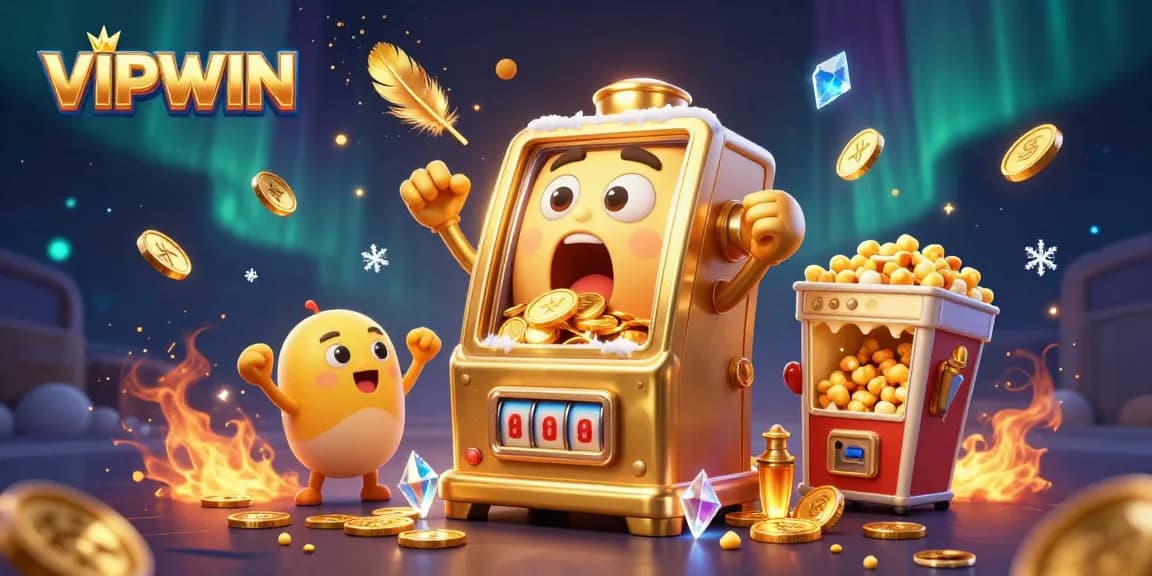 VIPWIN golden slot machine celebrates a megajackpot, coins cascading around it in a vibrant casino scene.