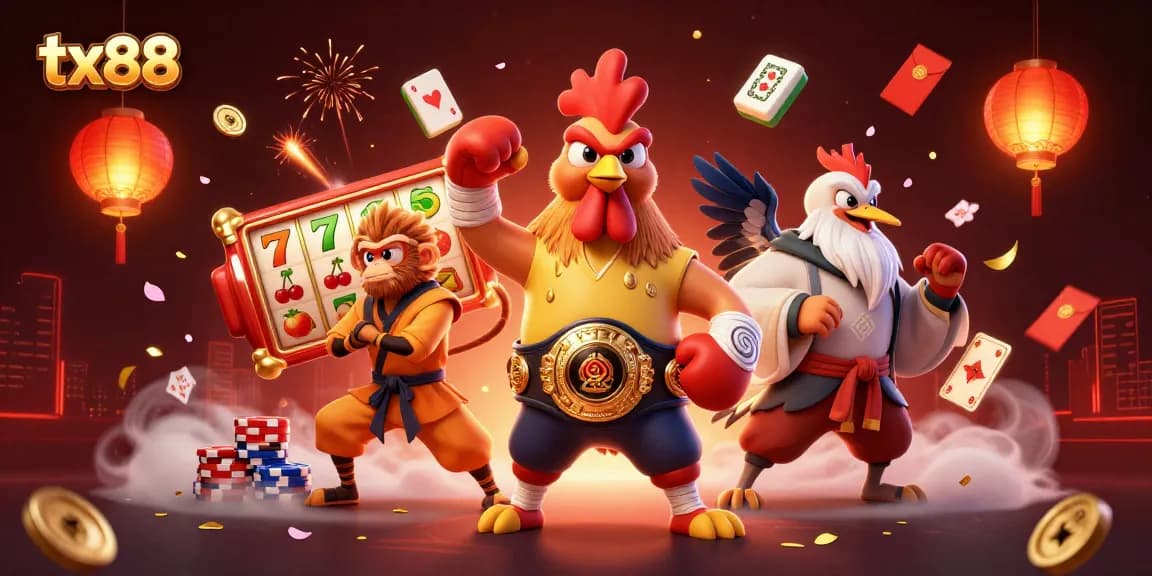 Experience the thrill of tx88 with a dynamic 3D illustration featuring Muay Thai rooster and casino elements.