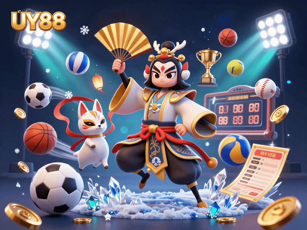 Bet on success with UY88 as a kabuki warrior and kitsune companion in an exciting sports betting scenario.